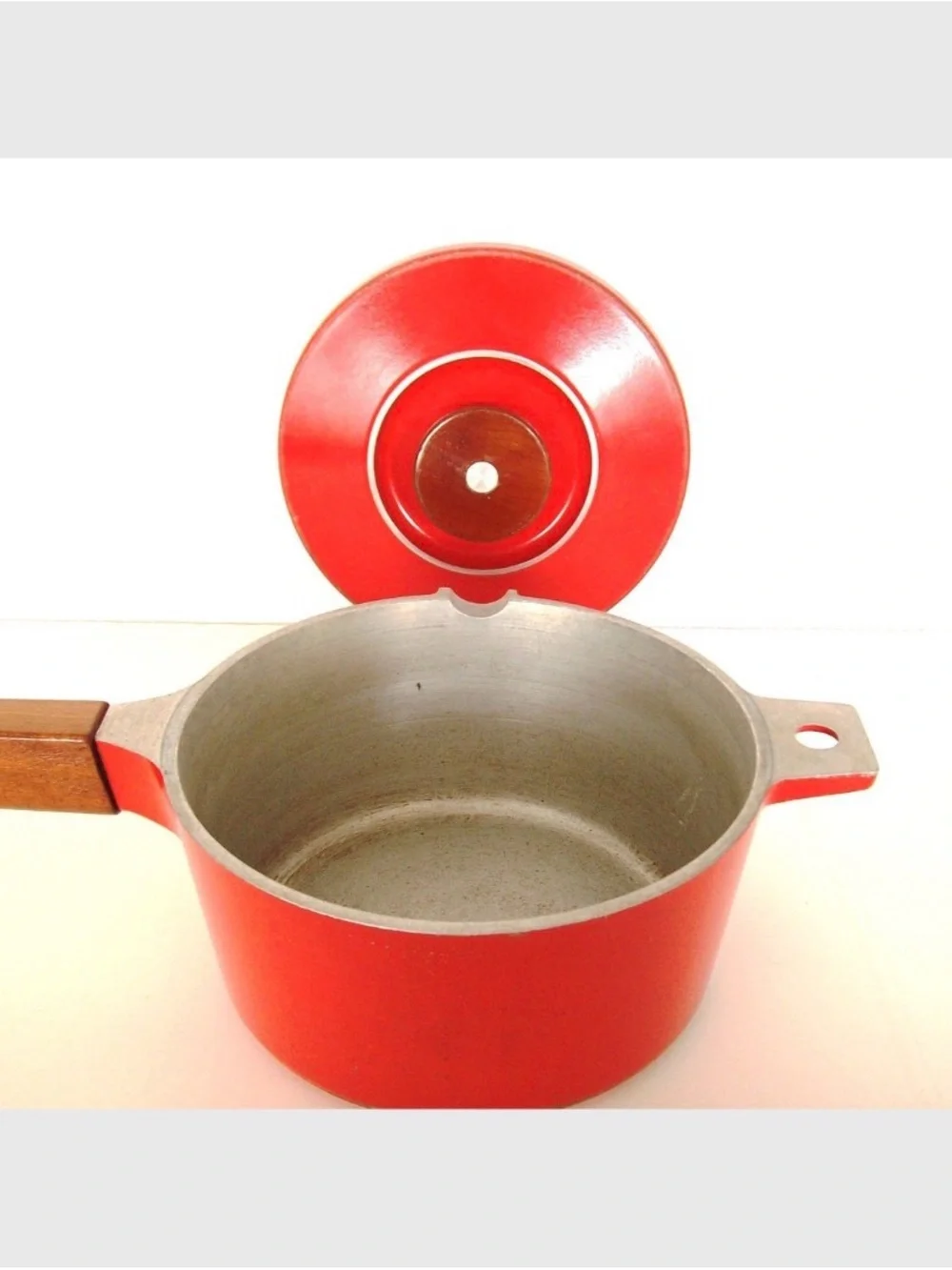 MID-CENTURY MODERN Red Saucepan with Teak Wood Handles MCM Vintage Cookware Pot